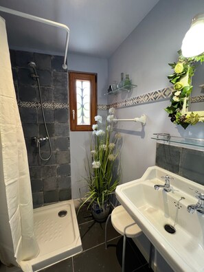 Douche, sèche-cheveux, serviettes fournies, papier toilette