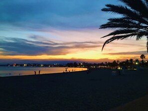 A beach at dusk with silhouettes of people and palm trees.