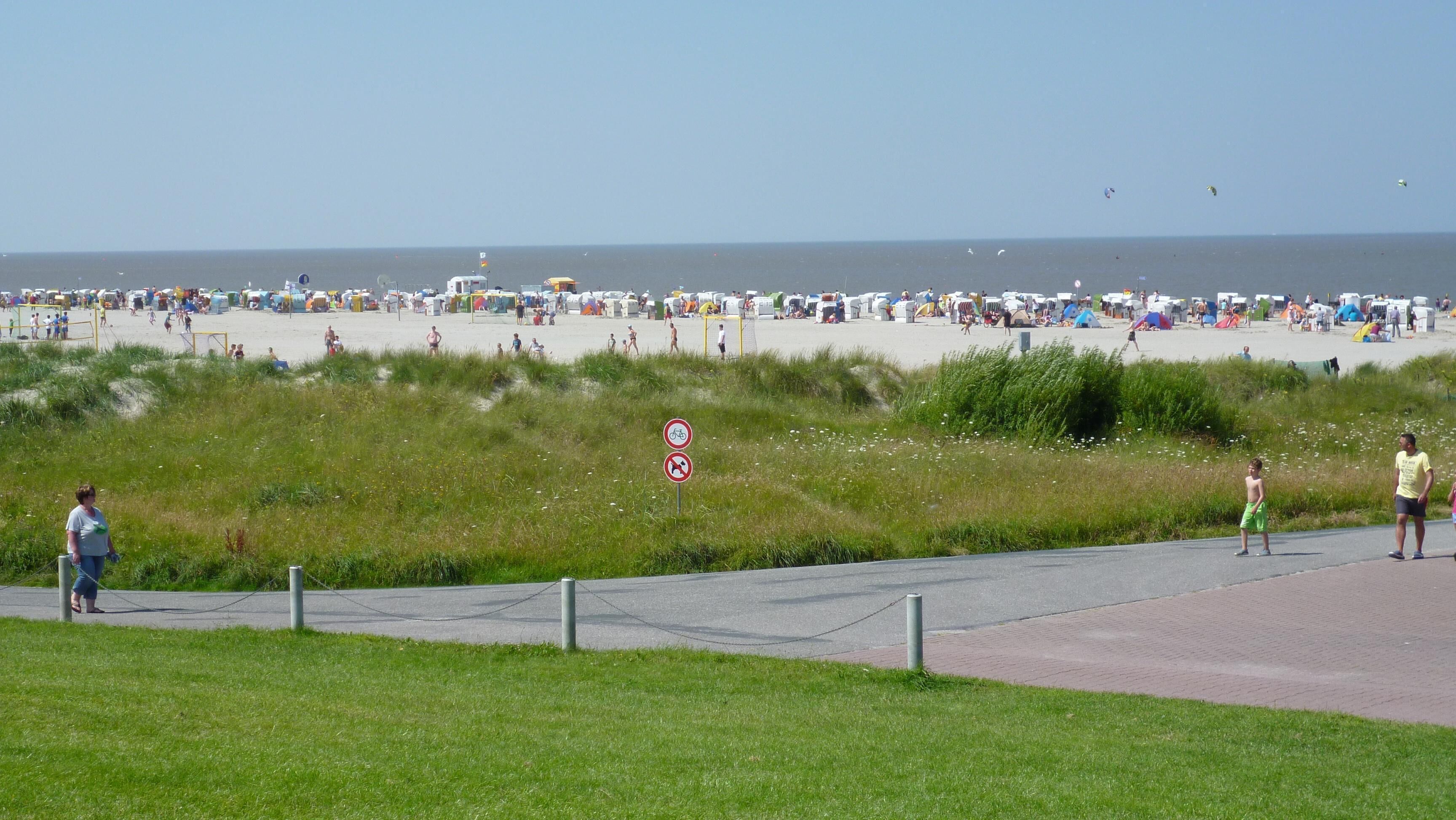 Ein Strand mit Menschen, Zelten und einem Schild, das das Radfahren und das Mitführen von Hunden verbietet.