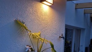 Un banco de madera con plantas en macetas y una lámpara fijada a la pared.