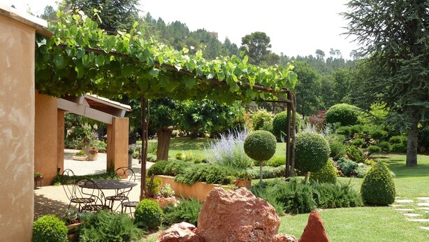 Ein Garten mit einer Pergola, die in üppiges Grün bewachsen ist, einem Tisch mit Stühlen sowie verschiedenen Sträuchern und Bäumen.