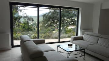 Télévision, cheminée, lecteur de DVD, table de tennis de table