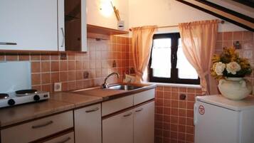 Frigorífico, microondas, horno y placa de cocina