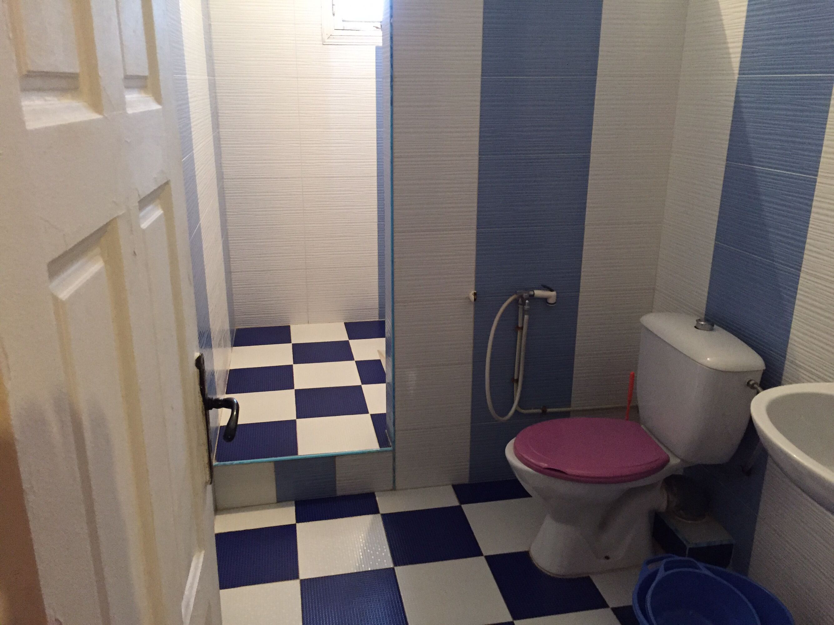 Un baño pequeño con piso a cuadros, inodoro con asiento rosa, ducha y lavamanos.