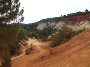 Un paysage accidenté, avec un sentier de terre, des arbres et une falaise.