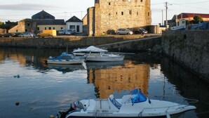 A historic stone castle with a moat, several boats docked in the water, and modern buildings in the background. - Gorgeous spacious cottage in pretty garden setting in Sunny South East Ireland! (New Ross,)