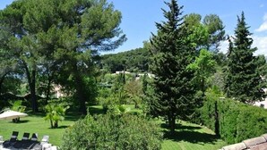 Un jardin avec une piscine, des chaises longues et une vue sur une zone boisée.