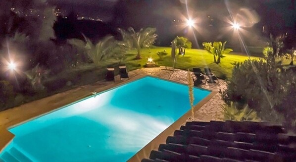 Ein Pool mit Steinkante, umgeben von Rasen und Palmen.