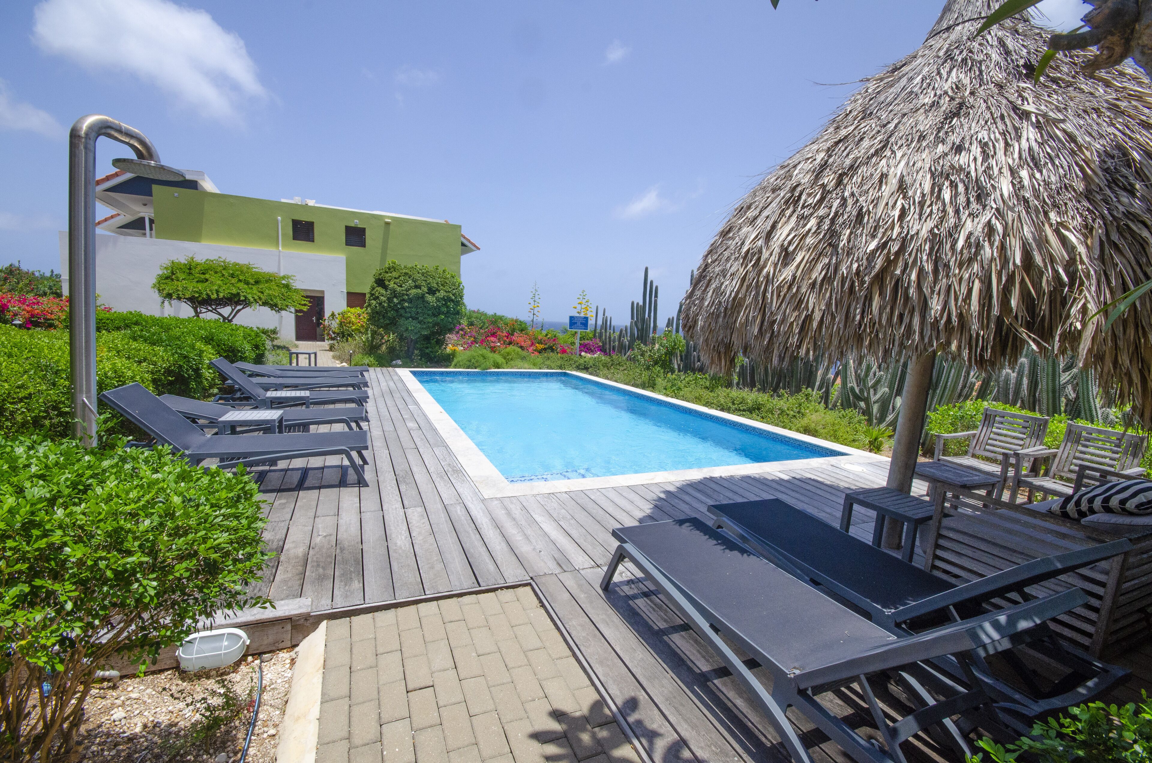Piscina com espreguiçadeiras e estrutura com telhado de palha.