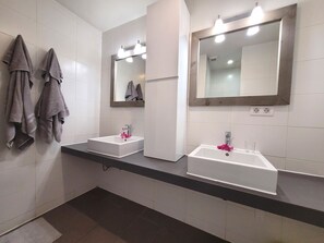 Shower, hair dryer, towels, toilet paper