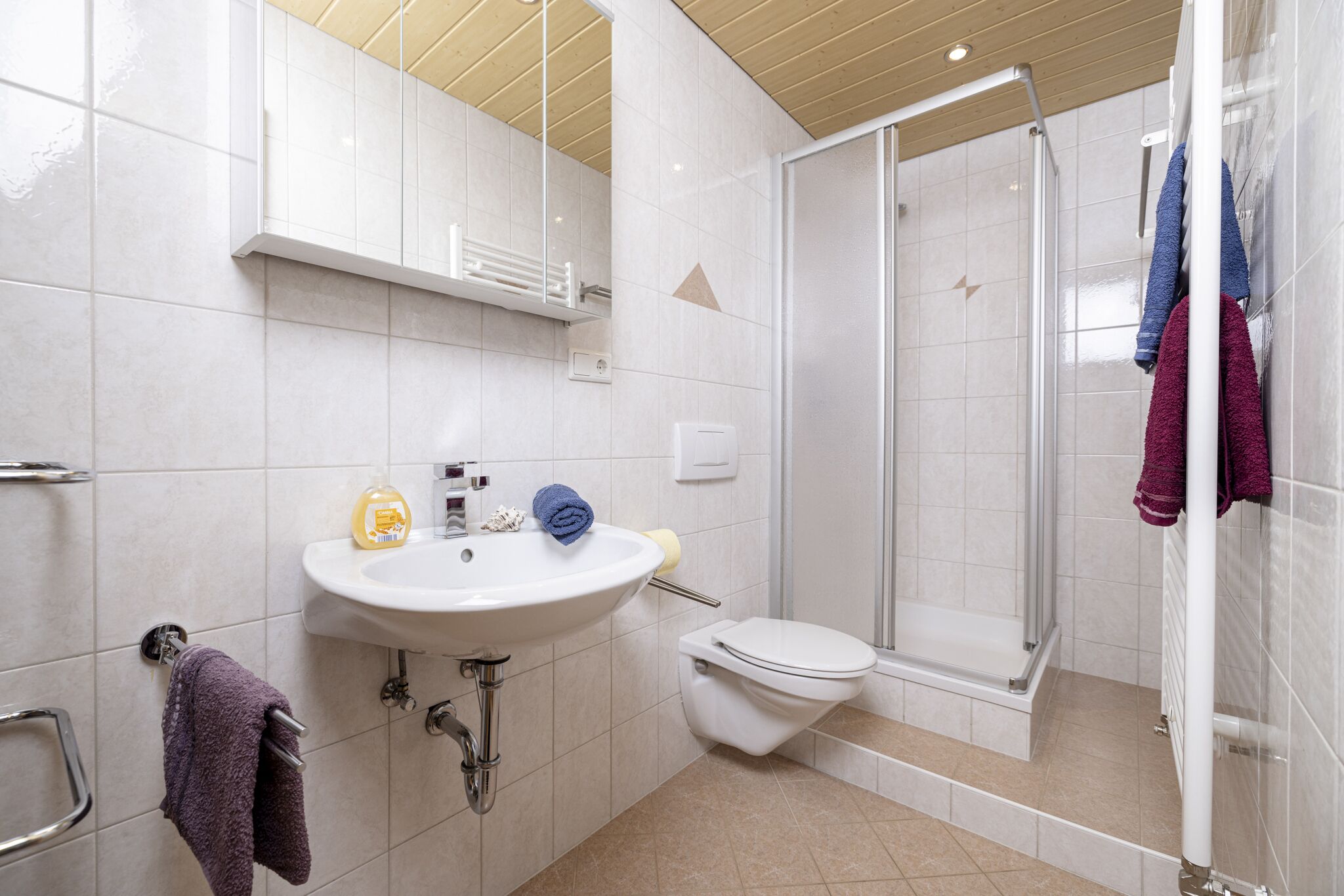 Une salle de bain moderne avec un lavabo, des toilettes et une douche à parois de verre.