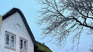 A white building with a thatched roof and multiple windows. - Dream house under thatch with fireplace, sauna, wellness room and lots of space (Poppenbüll)