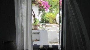 A view through a window with a white wall and a potted plant. - Artemonas: House with character (Artemonas)