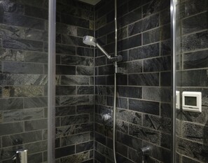 Combined shower/tub, hair dryer, towels, soap