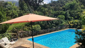 Ein Swimmingpool mit Liegestühlen und einem Sonnenschirm, umgeben von üppiger Vegetation.