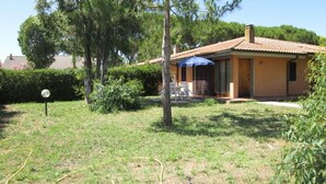 Uma casa com um pátio, gramado e uma árvore.