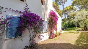 A white building with blue shutters, purple flowering vines, and a garden with trees and grass. - Stylish, Contemporary Villa heated pool, 10 mins walk to Beach  (Antibes)