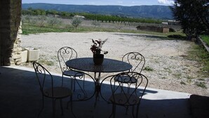 Une terrasse avec une table ronde et quatre chaises, un pot de fleurs et une vue sur des montagnes lointaines.