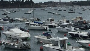 Un port de plaisance où de nombreux bateaux sont amarrés, un ciel dégagé et un bâtiment visible au loin, sur la côte.