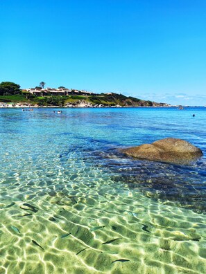 A clear beach with visible underwater patterns and a large rock in the foreground. - Charming and bright apartment in residence with pool and tennis court (Villasimius)