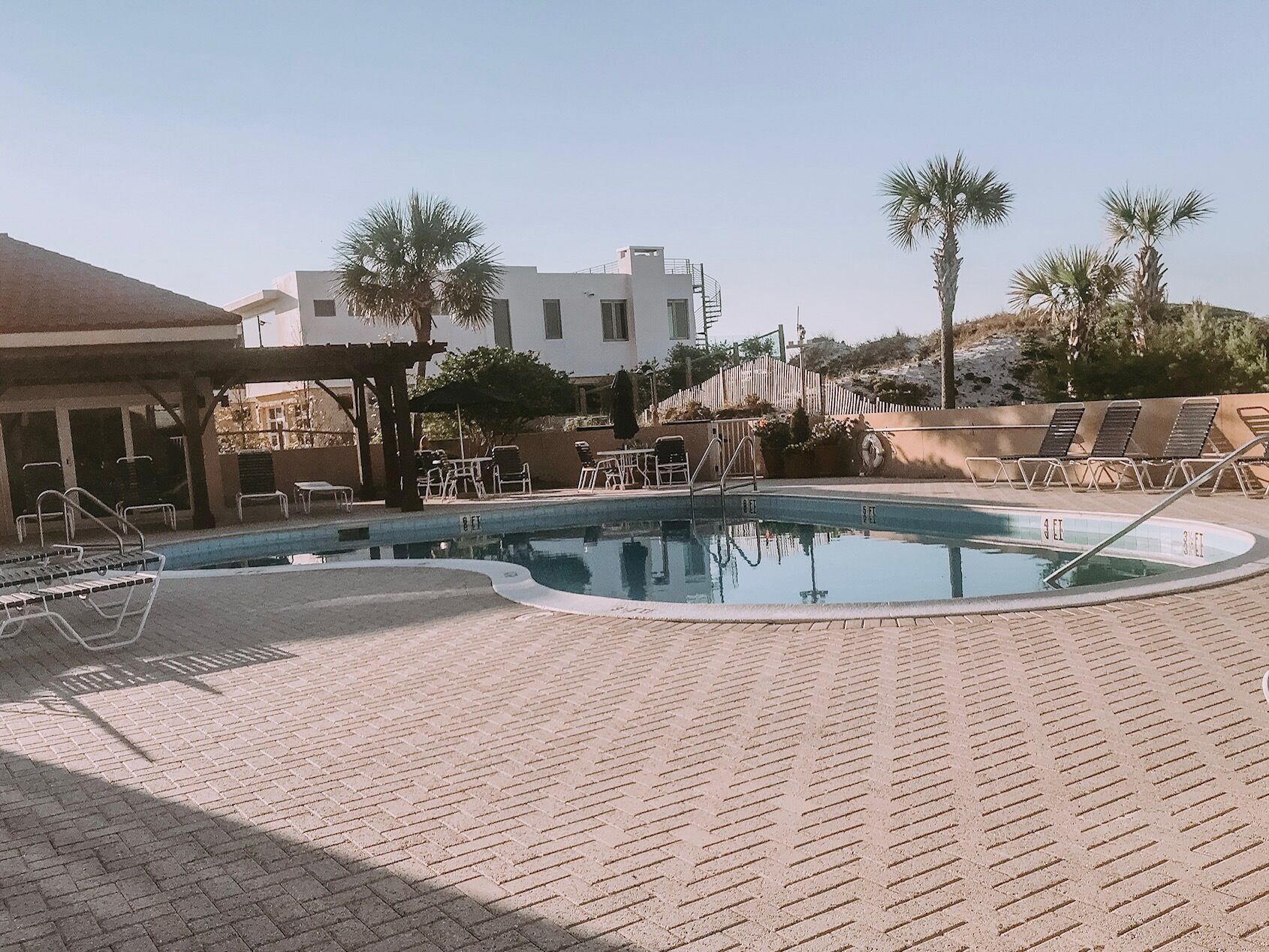 A swimming pool with lounge chairs, a pergola, and palm trees.