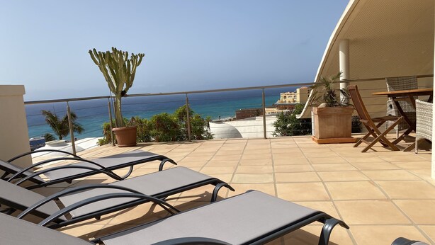 A terrace with lounge chairs, a cactus, and a view of the ocean.