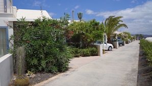 A residential street with houses, parked cars, and lush greenery.