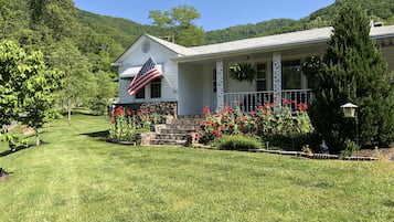 A house with a porch, a flag, and a garden with red flowers.