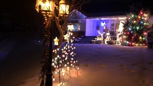 A snow-covered landscape with a house adorned with colorful lights and a Christmas tree. - Lovely home on 136acre, 13 Miles from North Asheville.  6 miles from BR Parkway (Weaverville)