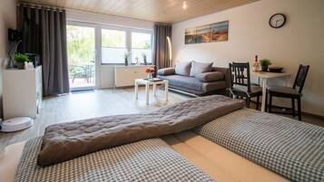 TV, DVD player, books, video library