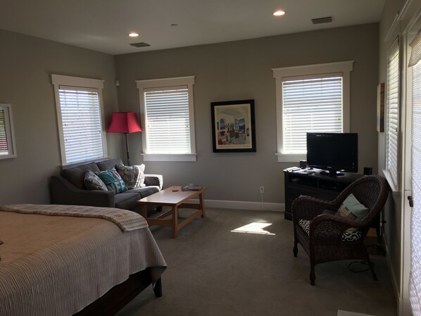 A bedroom with a bed, a desk, a chair, a sofa, and a television. - Vineyard Guest House, Fabulous Views and Covered Parking (Paso Robles)