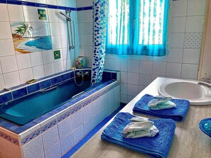Een bad/douchecombinatie, een haardroger, toiletpapier