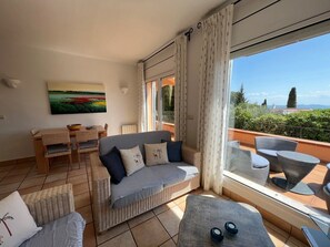 TV connectée, cheminée, livres, chaîne hi-fi