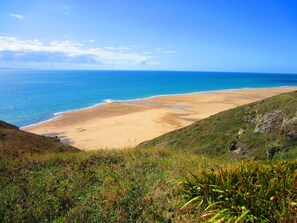 Un paisaje costero con una playa arenosa y colinas cubiertas de hierba.