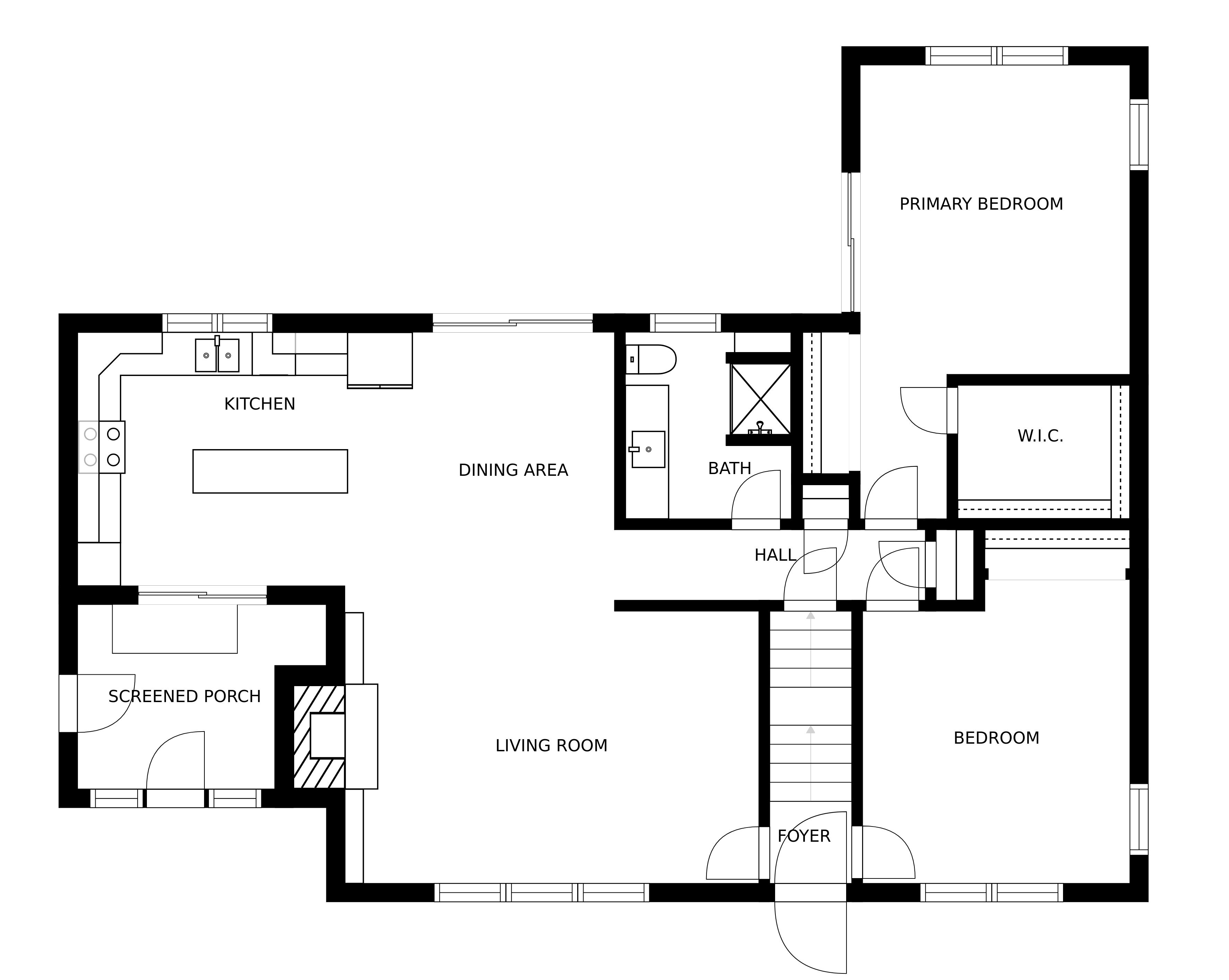 Un plan d’étage comprenant une chambre principale, une chambre d’appoint, une cuisine, un coin repas, un salon, une véranda, une salle de bain, un hall d’entrée et un couloir.