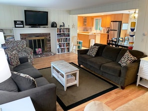 Smart TV, fireplace, video library