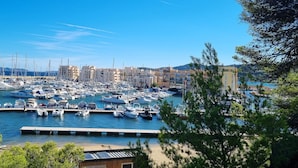 A marina with numerous boats docked, surrounded by buildings and trees.
