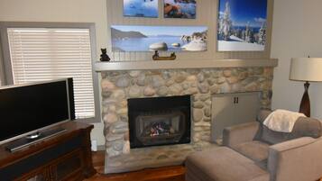 Smart TV, fireplace, DVD player, books