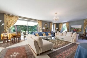 Télévision, cheminée, lecteur de DVD, livres