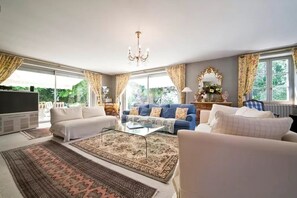 Télévision, cheminée, lecteur de DVD, livres