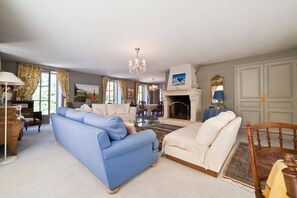 Télévision, cheminée, lecteur de DVD, livres