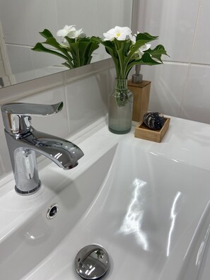 Dusche, Haartrockner, Handtücher, Toilettenpapier