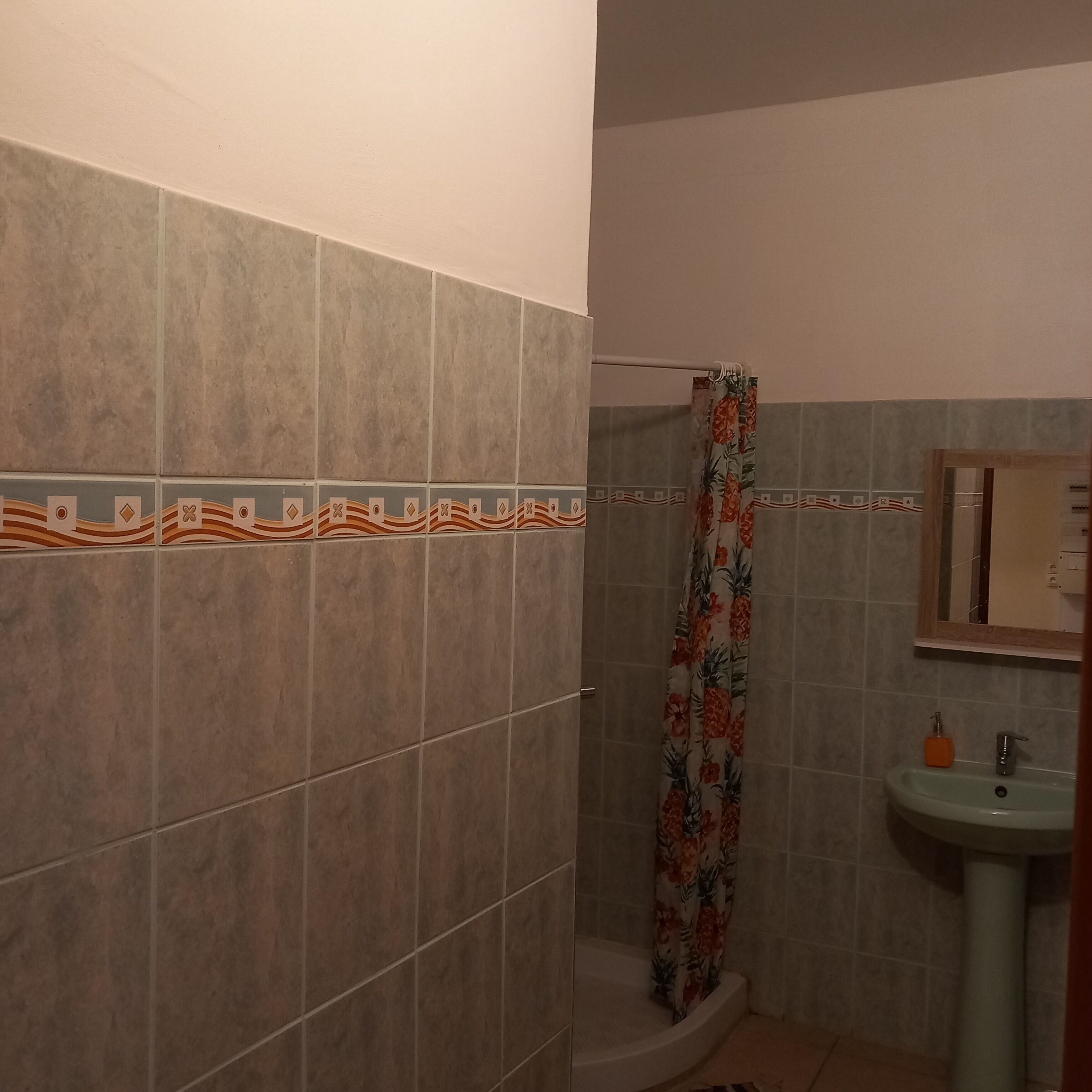 Un baño con paredes de azulejos, una cortina de ducha, un lavamanos y un espejo.