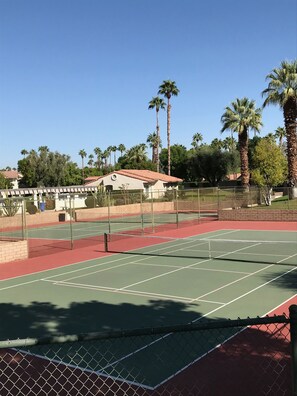 A tennis court with a net, surrounded by a fence, and palm trees in the background. - Best location in Mesquite Country Club! (Palm Springs)