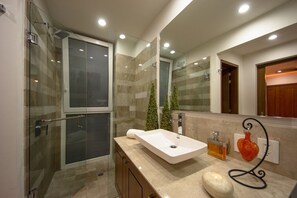 Shower, hair dryer, towels
