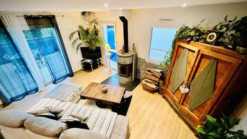 TV, fireplace, books, stereo