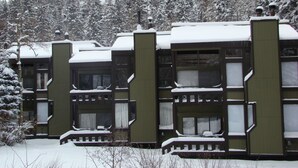 A row of cabins with balconies, surrounded by a snowy forest.