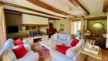 TV connectée, cheminée, lecteur de DVD, table de tennis de table