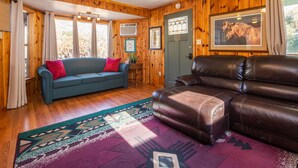 A room with wooden walls, a blue sofa with red cushions, a brown leather couch, a patterned rug, and a framed horse picture on the wall.