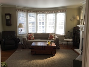 TV, fireplace, books, stereo